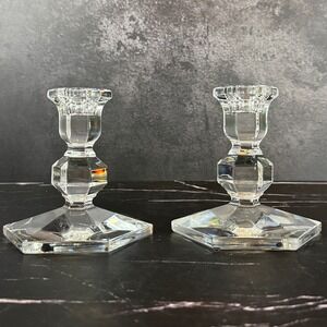 Vintage Val Saint Lambert MCM Crystal‎ 4 3/4" Candlesticks Pair Signed Hexagon